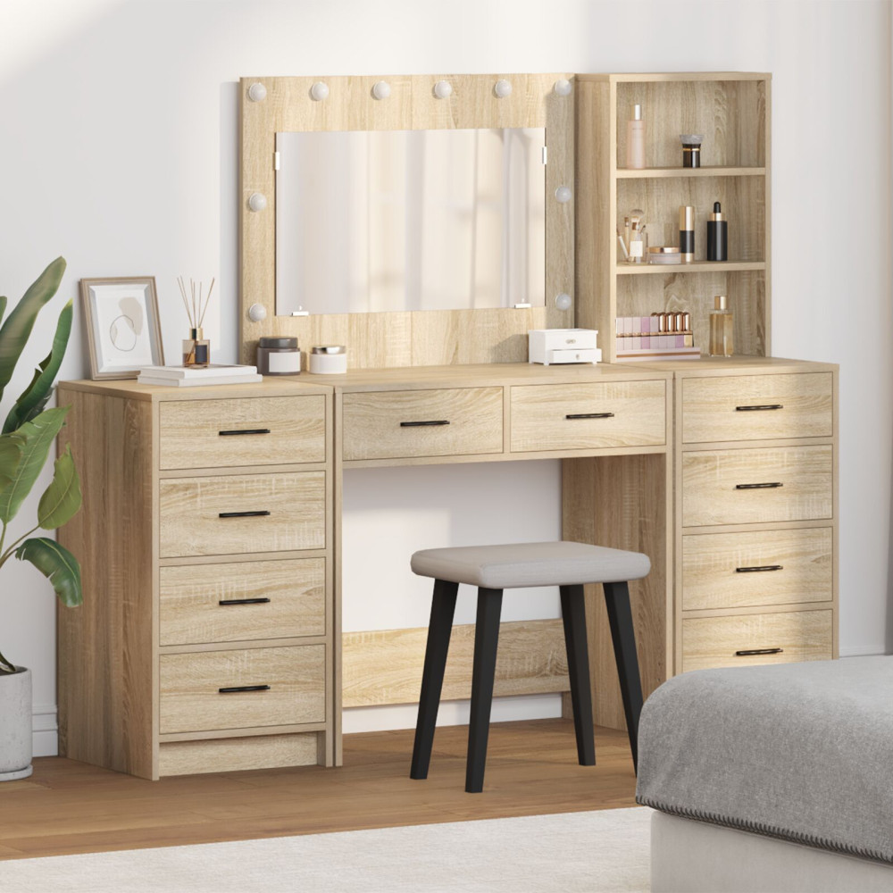 Produktbild för Smyckebord med spegelbelysning 3 pcs Sonoma-ek Konstruerat trä