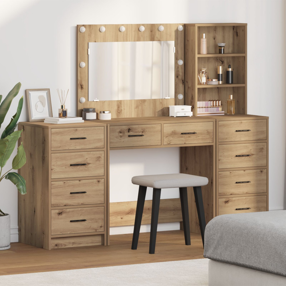 Produktbild för Smyckebord med spegelbelysning 3 pcs Artisan Ek Konstruerat trä