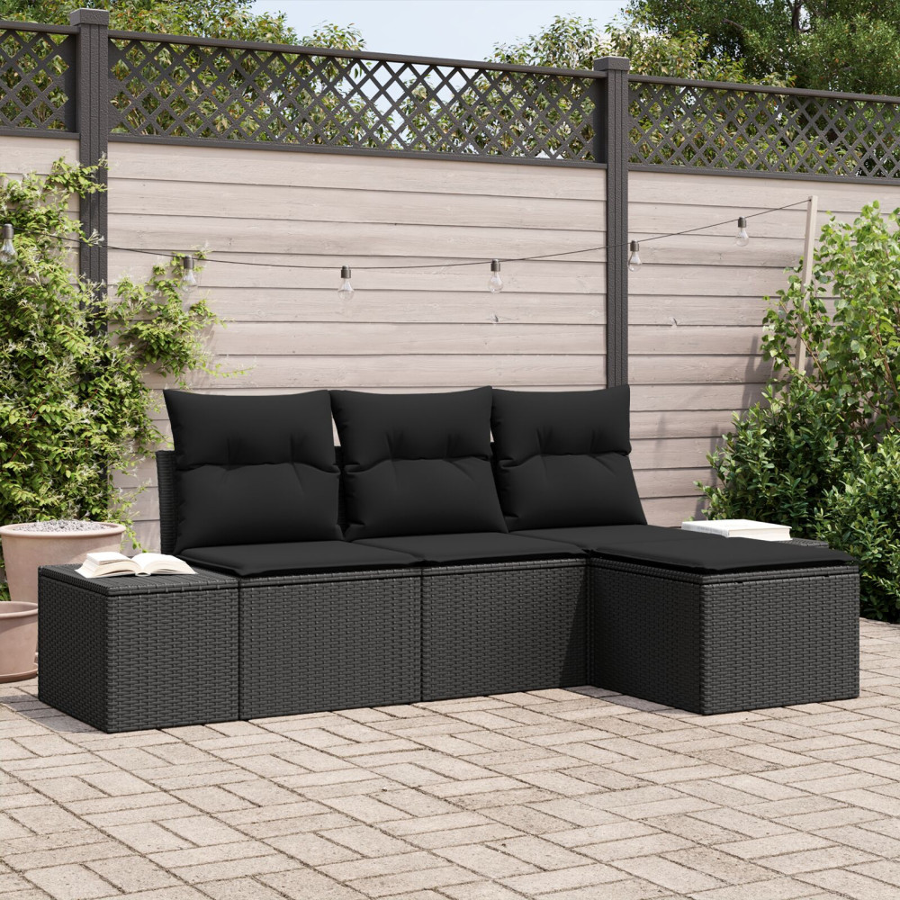 Produktbild för Trädgårdsoffset 4 pcs Svart Poly Rattan och Pulverlackerad Stål