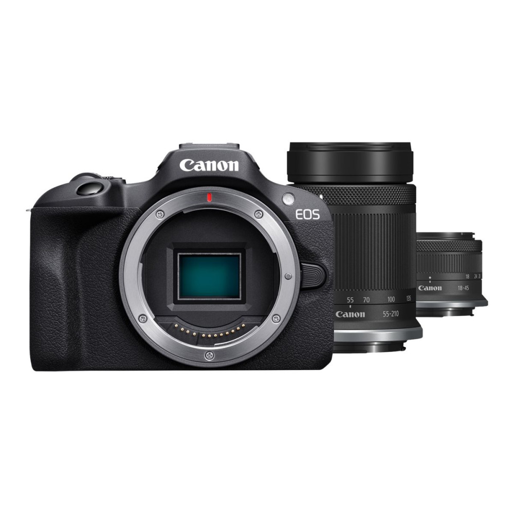 Produktbild för Canon EOS R100 - digitalkamera RF-S 18-45 mm F4,5-6,3 IS STM objektiv, 55-210 mm F5,0-7,1 IS STM objektiv