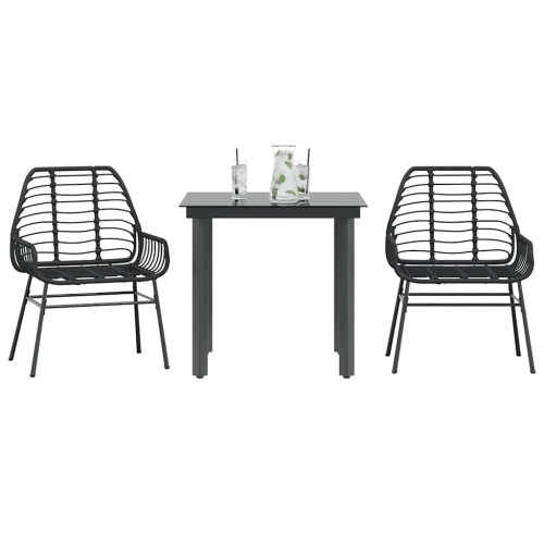 vidaXL Matgrupp för trädgården 3 delar svart konstrotting och glas