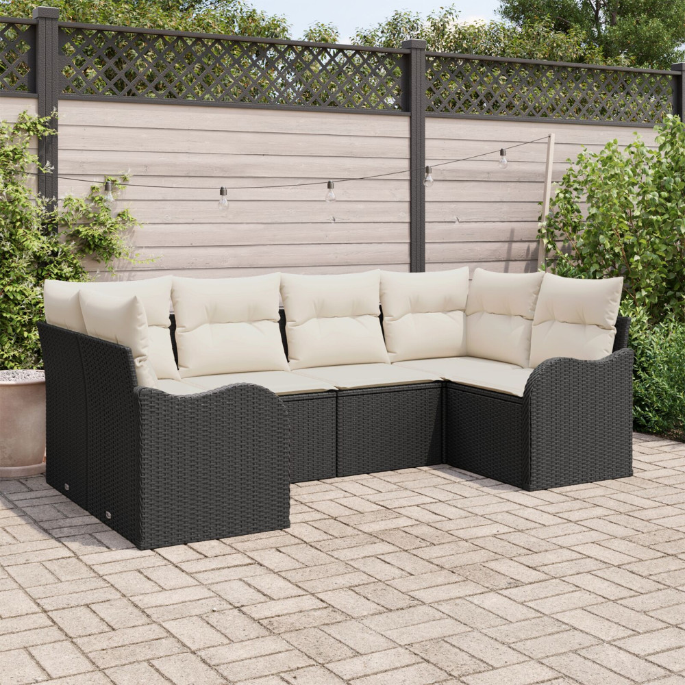 Produktbild för Trädgårdsoffset med kudde 6 pcs Svart Poly rattan