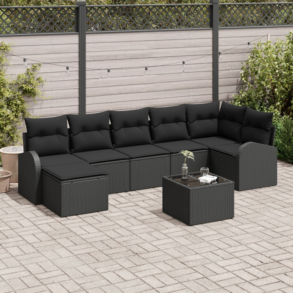 Produktbild för Trädgårdsoffset med kudde 8 pcs Svart Poly rattan