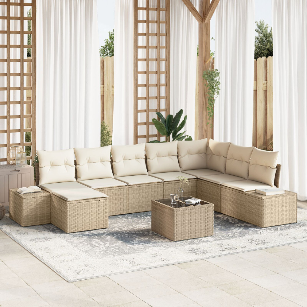 Produktbild för Trädgårdsoffset med kudde 9 pcs Beige konstrotting