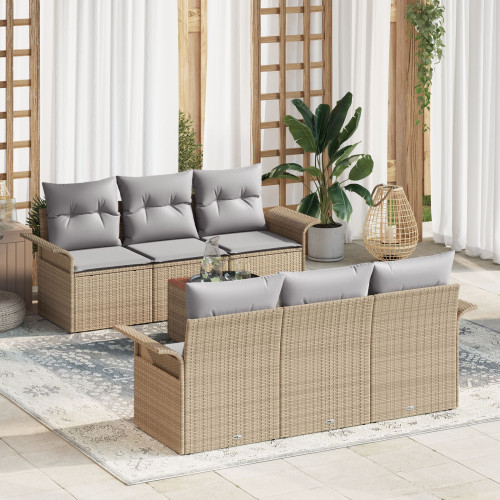 vidaXL Trädgårdsoffset med kudde 7 pcs Beige konstrotting