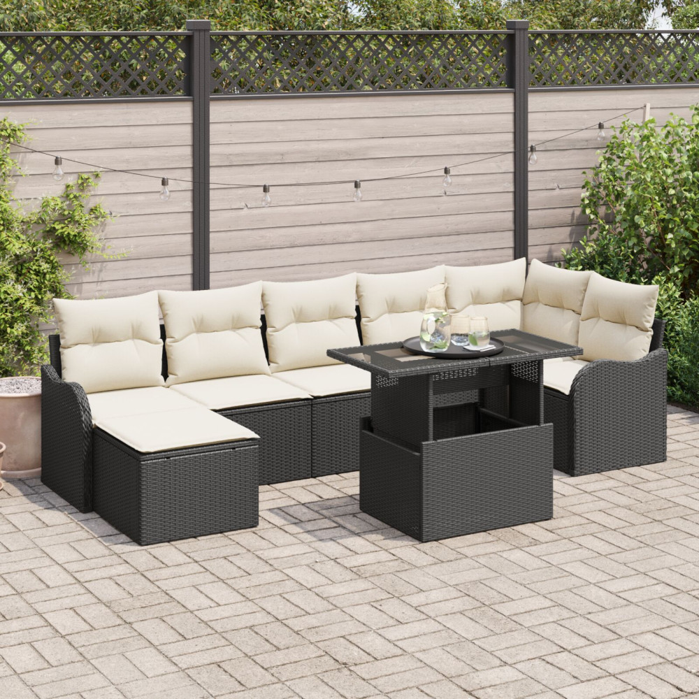 Produktbild för Trädgårdsoffset med kudde 8 pcs Svart Poly rattan