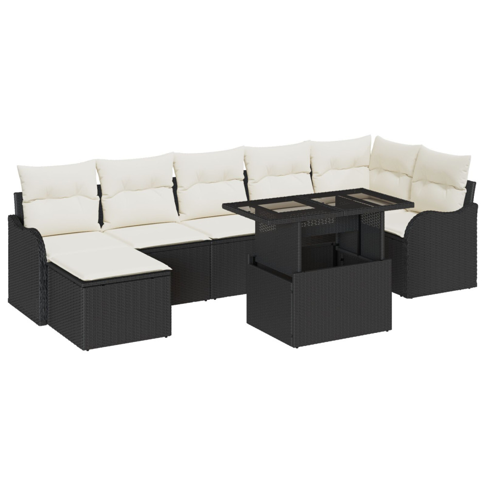 Produktbild för Trädgårdsoffset med kudde 8 pcs Svart Poly rattan