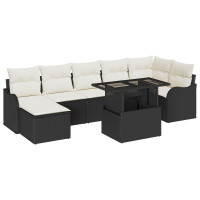 Produktbild för Trädgårdsoffset med kudde 8 pcs Svart Poly rattan