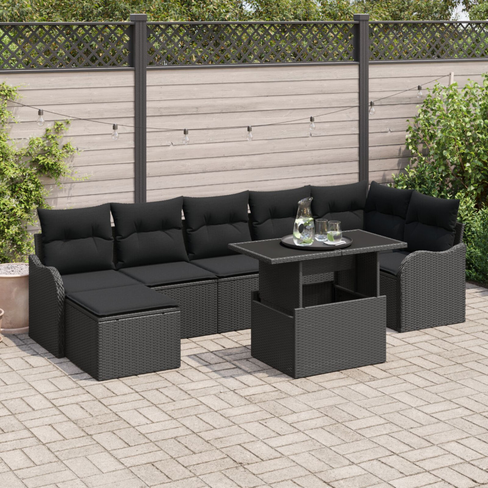Produktbild för Trädgårdsoffset med kudde 8 pcs Svart Poly rattan