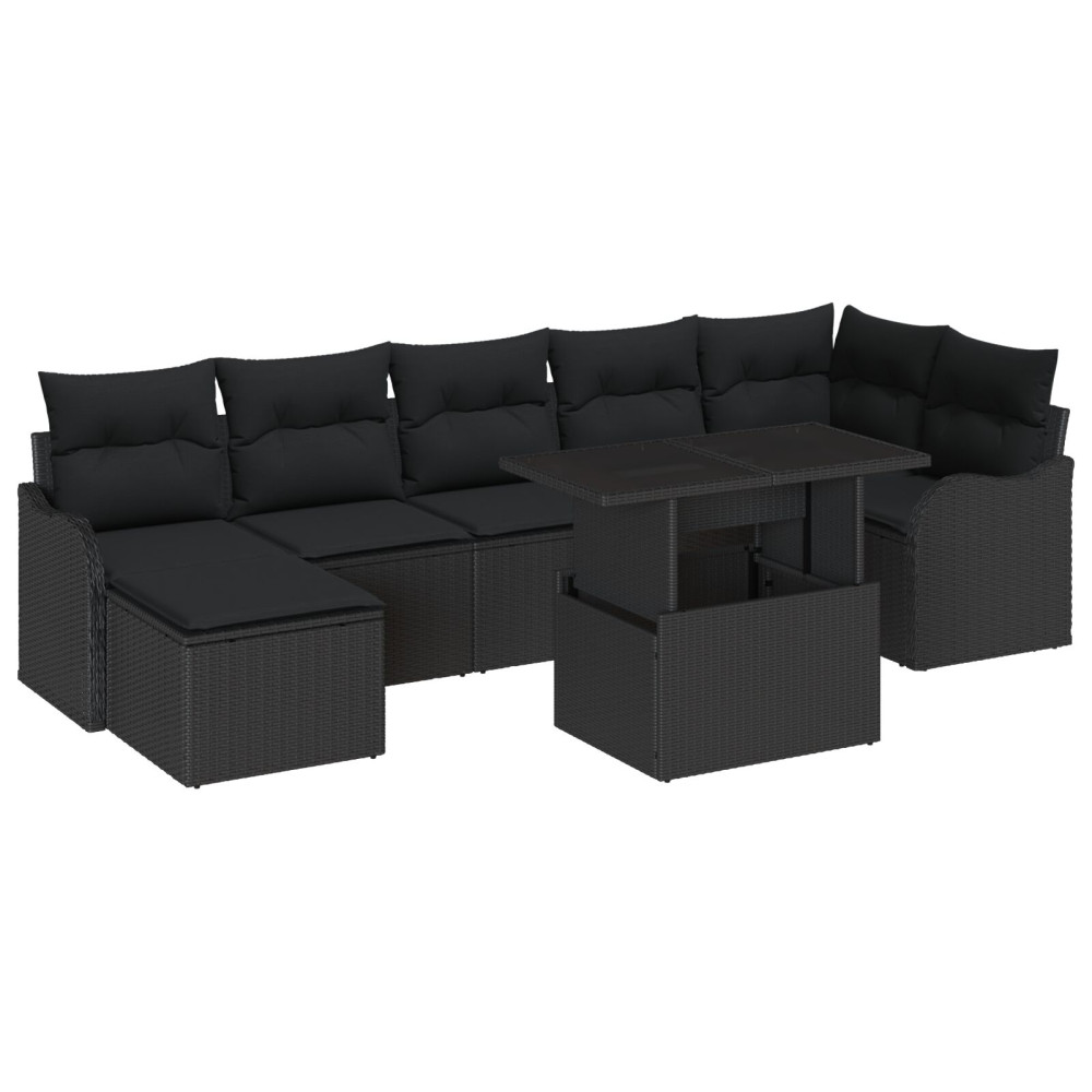 Produktbild för Trädgårdsoffset med kudde 8 pcs Svart Poly rattan