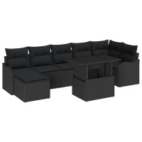 Produktbild för Trädgårdsoffset med kudde 8 pcs Svart Poly rattan