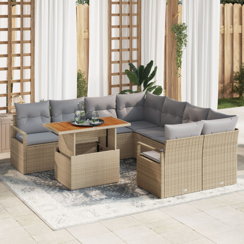 vidaXL Trädgårdsmöbelset med kudde 9 pcs Beige och Grå