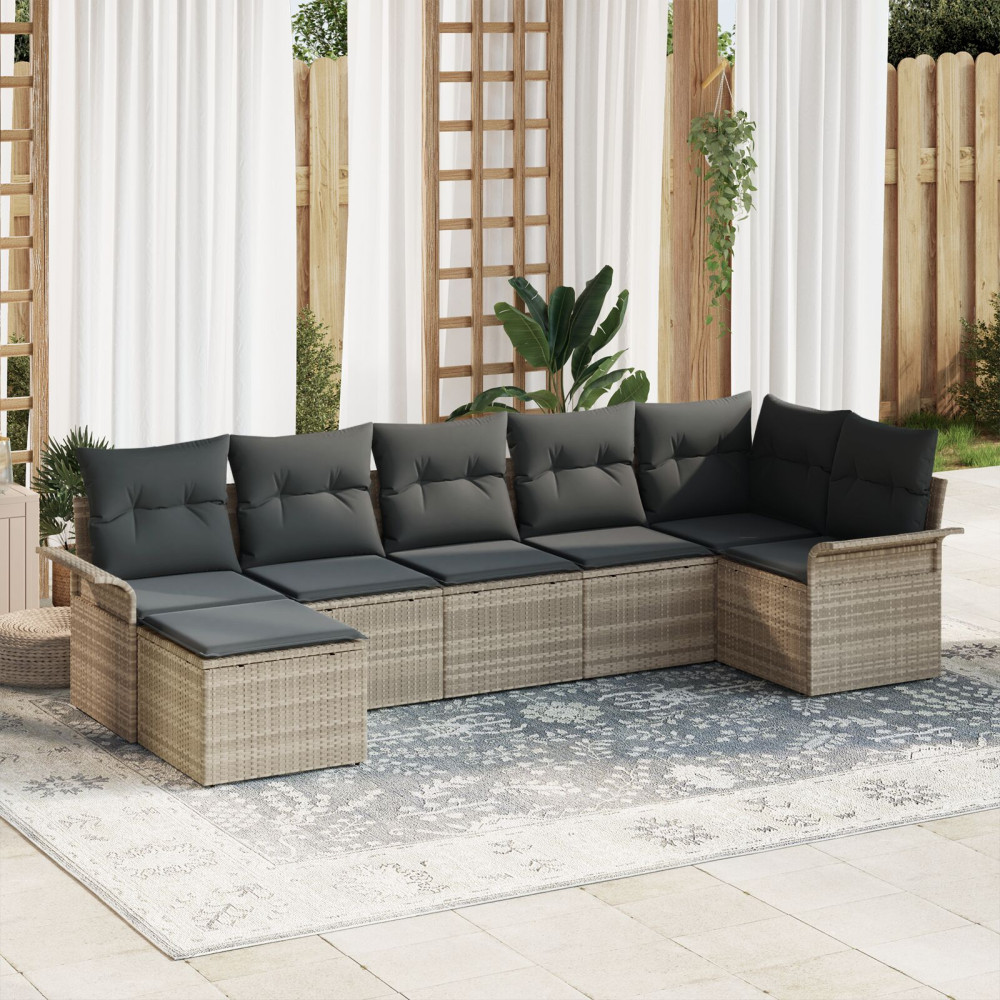 Produktbild för Trädgårdsoffset med kudde med lagring 7 pcs Ljusgrå Poly rattan