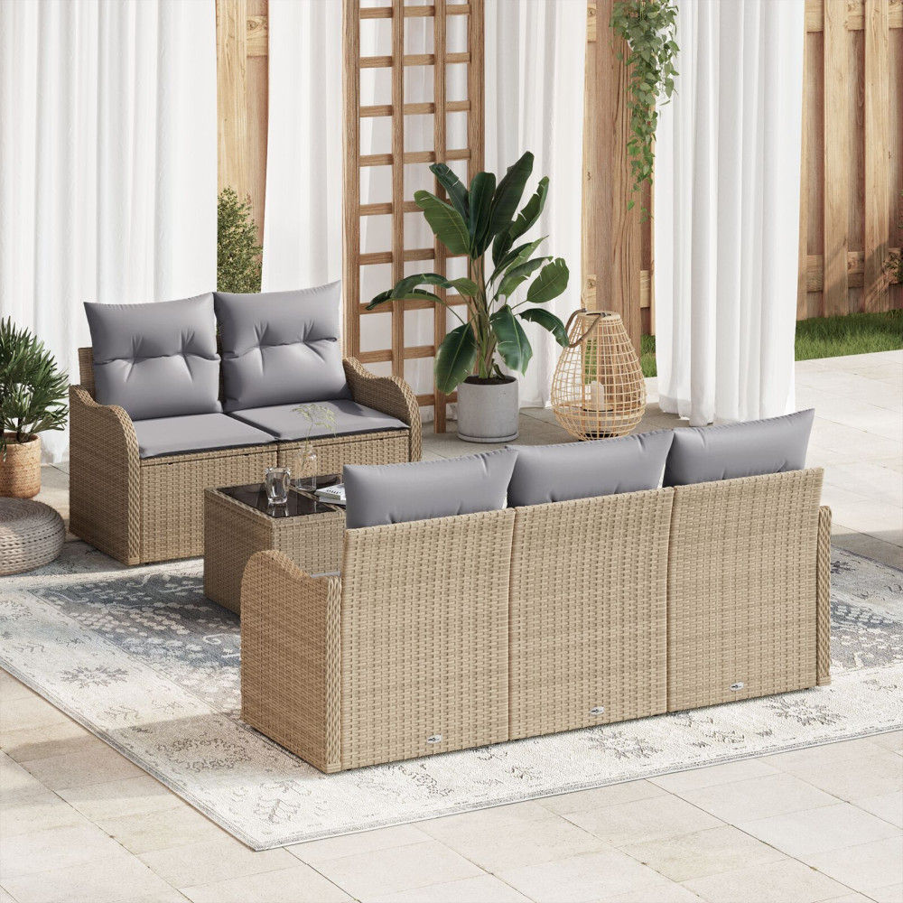 Produktbild för Trädgårdsoffset 6 pcs Beige och Grå Konstrotting, Stål och Glas