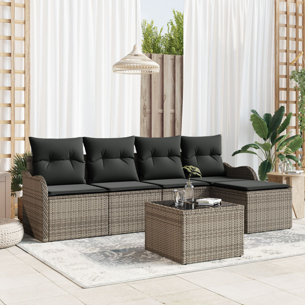 Produktbild för Trädgårdsoffset med kudde med lagring 6 pcs Svart Poly rattan