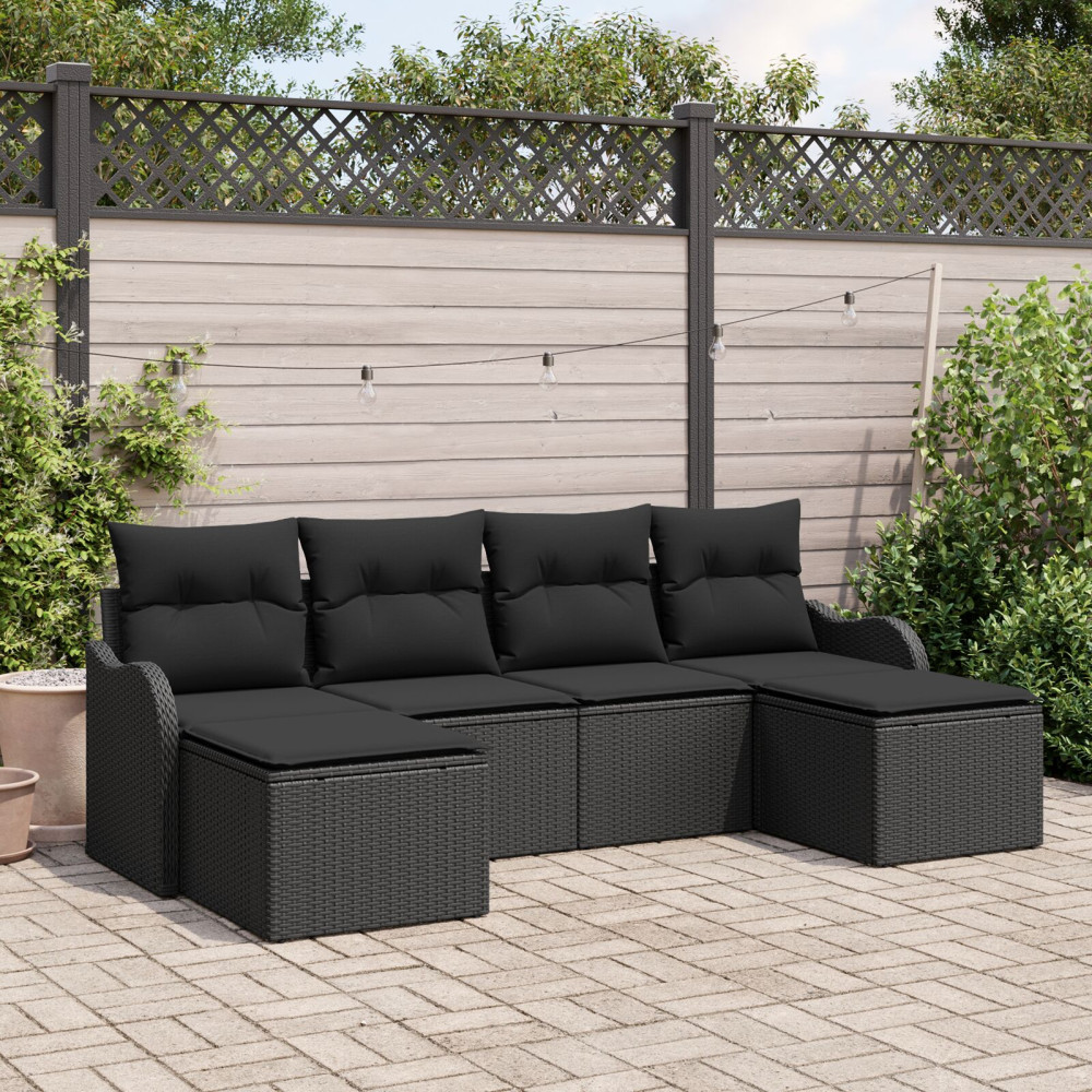 Produktbild för Trädgårdsoffset med kudde 6 pcs Svart Poly rattan