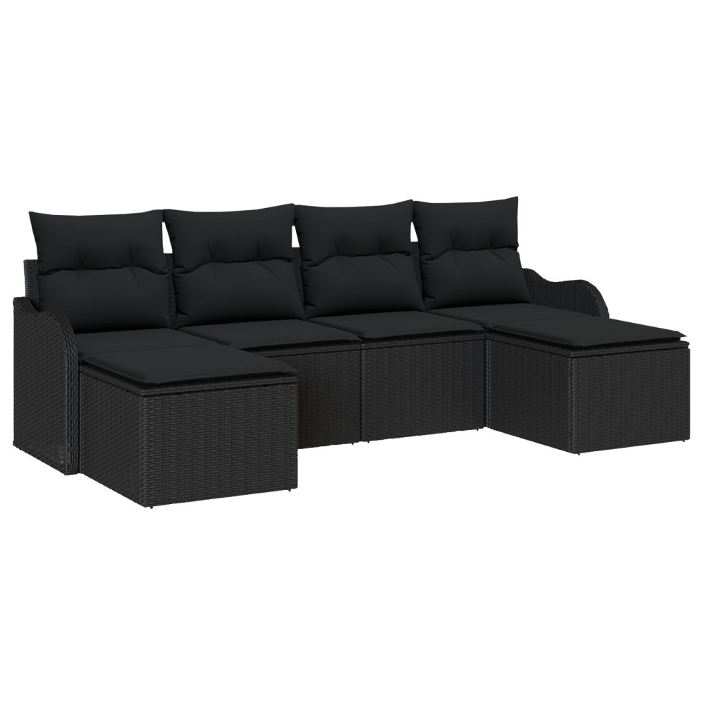Produktbild för Trädgårdsoffset med kudde 6 pcs Svart Poly rattan