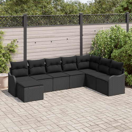 vidaXL Trädgårdsoffset med kudde 8 pcs Svart Poly rattan
