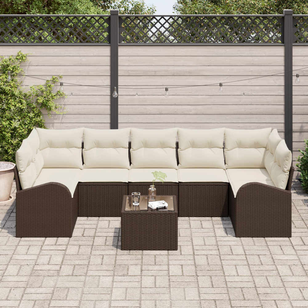 Produktbild för Trädgårdsoffset med kudde 8 pcs Brun och Kräm 289 x 124 x 69 cm