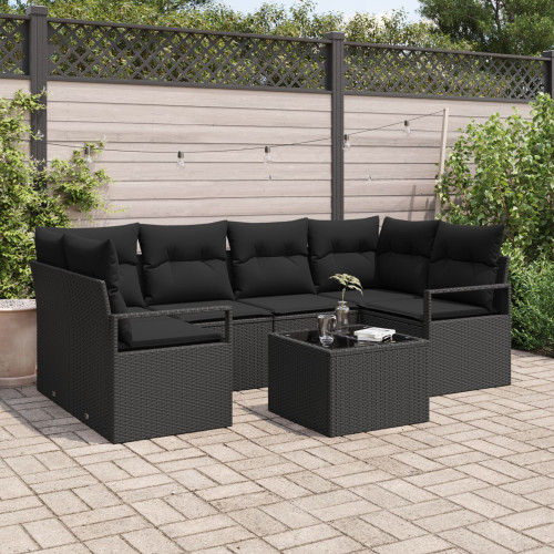 vidaXL Trädgårdsoffset 7 pcs Svart Konstrotting, Stål och Glas