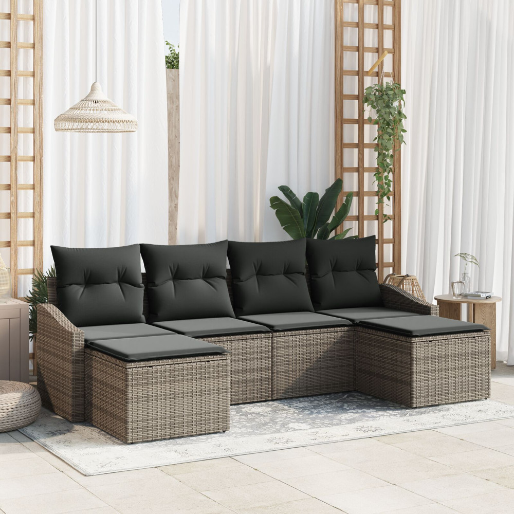 Produktbild för Trädgårdsmöbelset 6 pcs Grå Poly Rattan och Pulverlackerad Stål