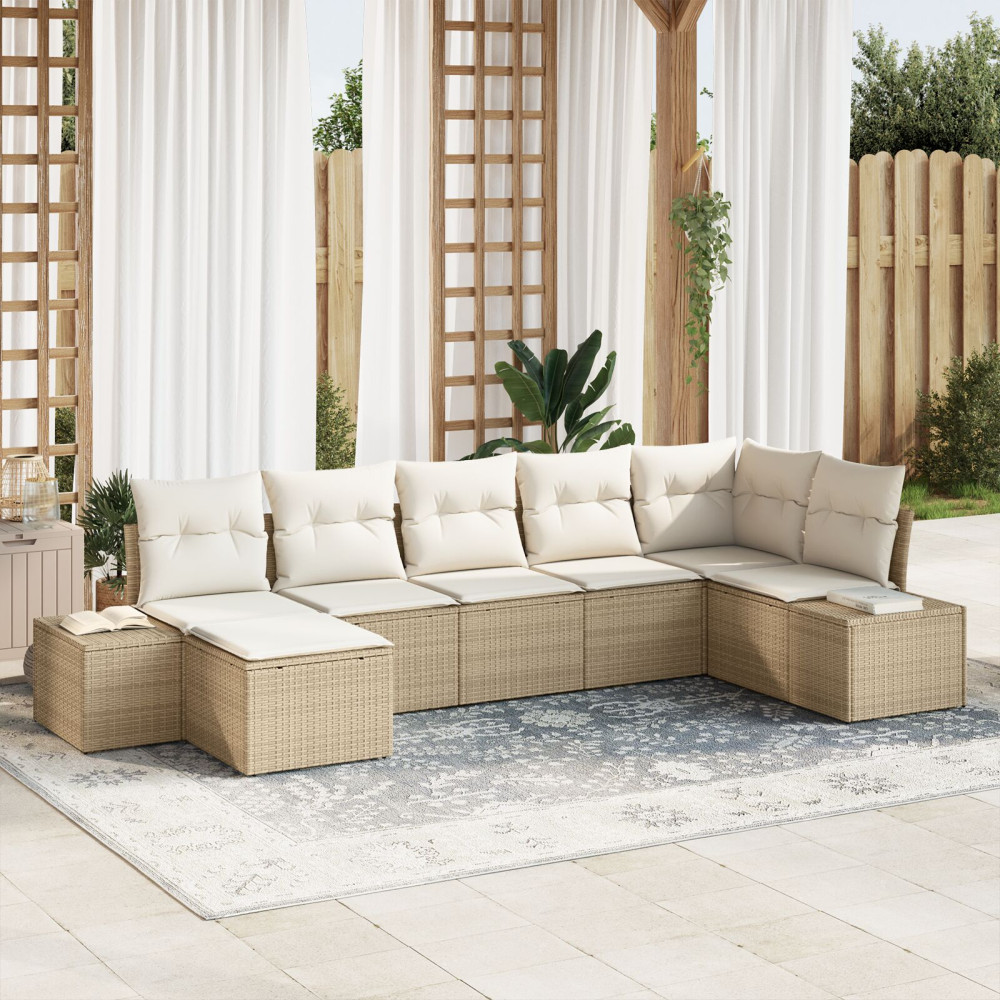Produktbild för Trädgårdsoffset med kudde med lagring 7 pcs Beige konstrotting