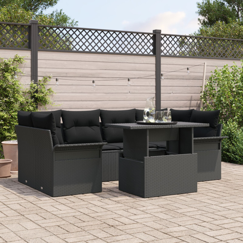 Produktbild för Trädgårdsoffset med kudde med lagring 7 pcs Svart Poly Rattan