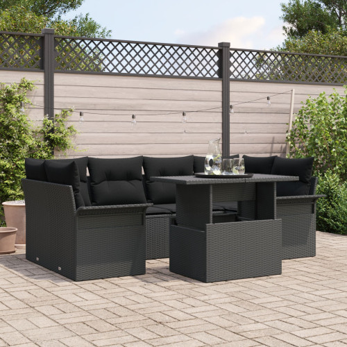 vidaXL Trädgårdsoffset med kudde med lagring 7 pcs Svart Poly Rattan