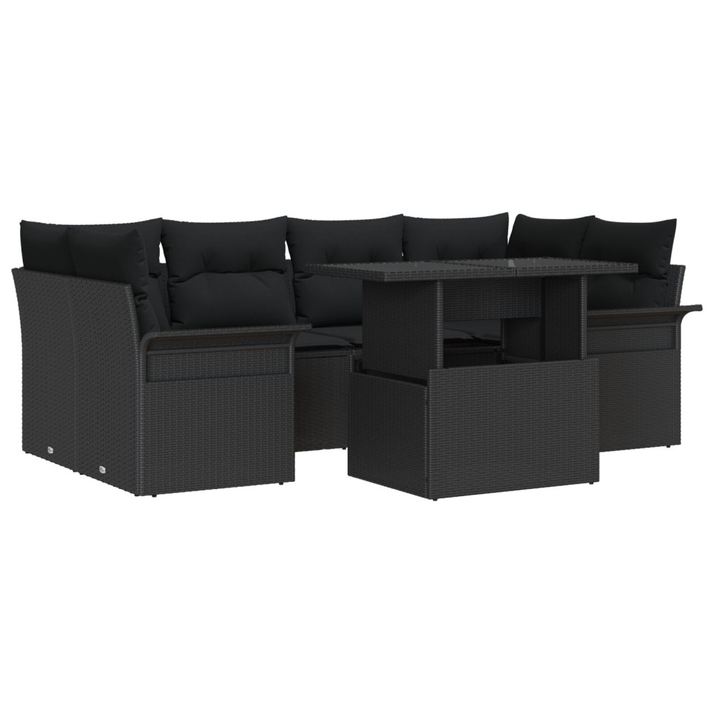 Produktbild för Trädgårdsoffset med kudde med lagring 7 pcs Svart Poly Rattan