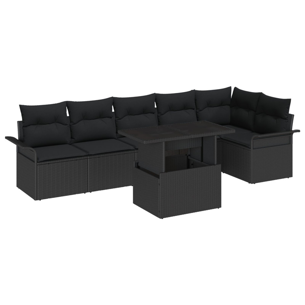 Produktbild för Trädgårdsoffset med kudde med lagring 7 pcs Svart Poly rattan