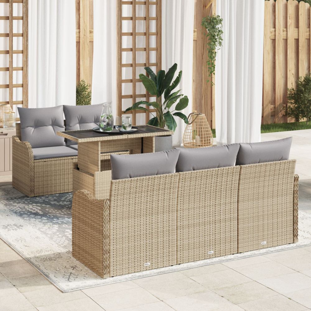 Produktbild för Trädgårdsoffset med kudde med kudde 6 pcs Beige Poly Rattan
