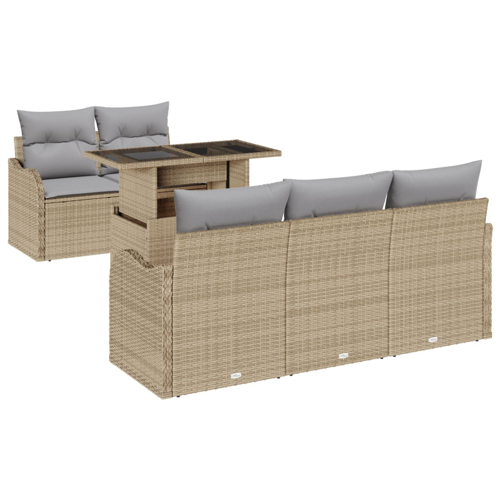 Produktbild för Trädgårdsoffset med kudde med kudde 6 pcs Beige Poly Rattan