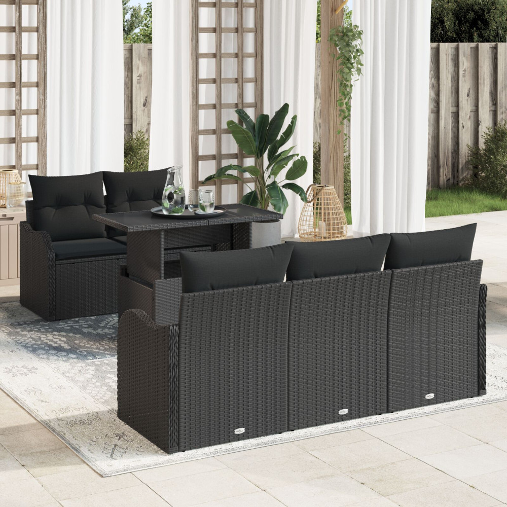 Produktbild för Trädgårdsoffset med kudde med kudde 6 pcs Svart Poly Rattan