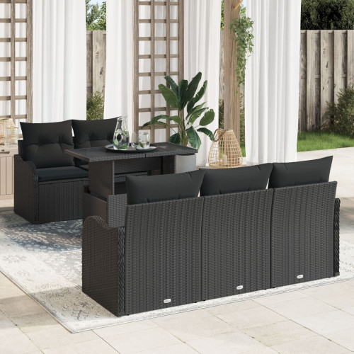 vidaXL Trädgårdsoffset med kudde med kudde 6 pcs Svart Poly Rattan
