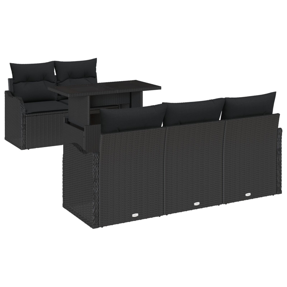 Produktbild för Trädgårdsoffset med kudde med kudde 6 pcs Svart Poly Rattan