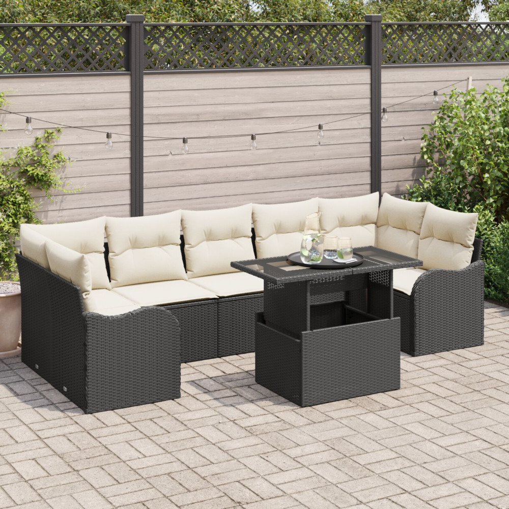 Produktbild för Trädgårdsoffset med kudde med lagring 8 pcs Svart Poly Rattan