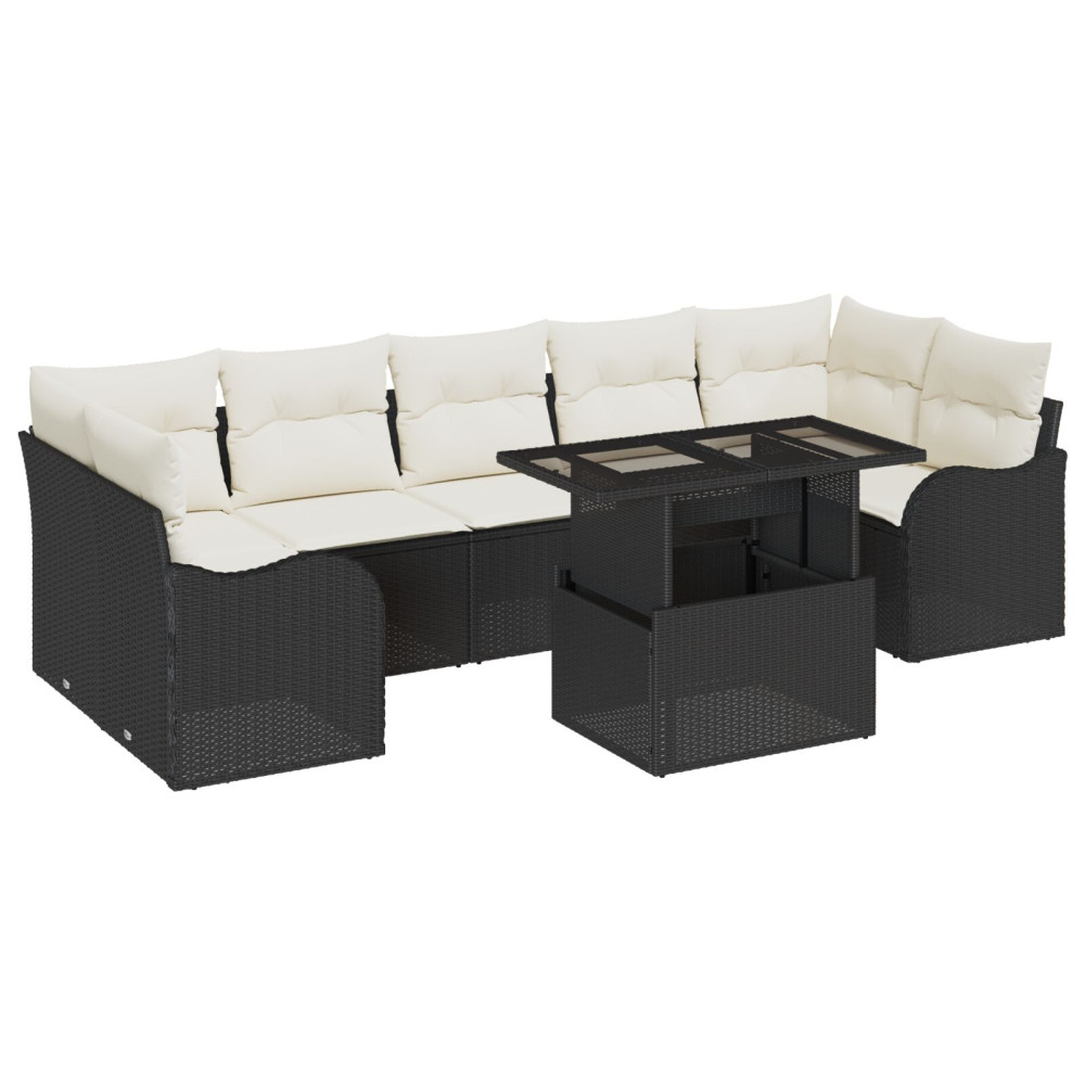 Produktbild för Trädgårdsoffset med kudde med lagring 8 pcs Svart Poly Rattan