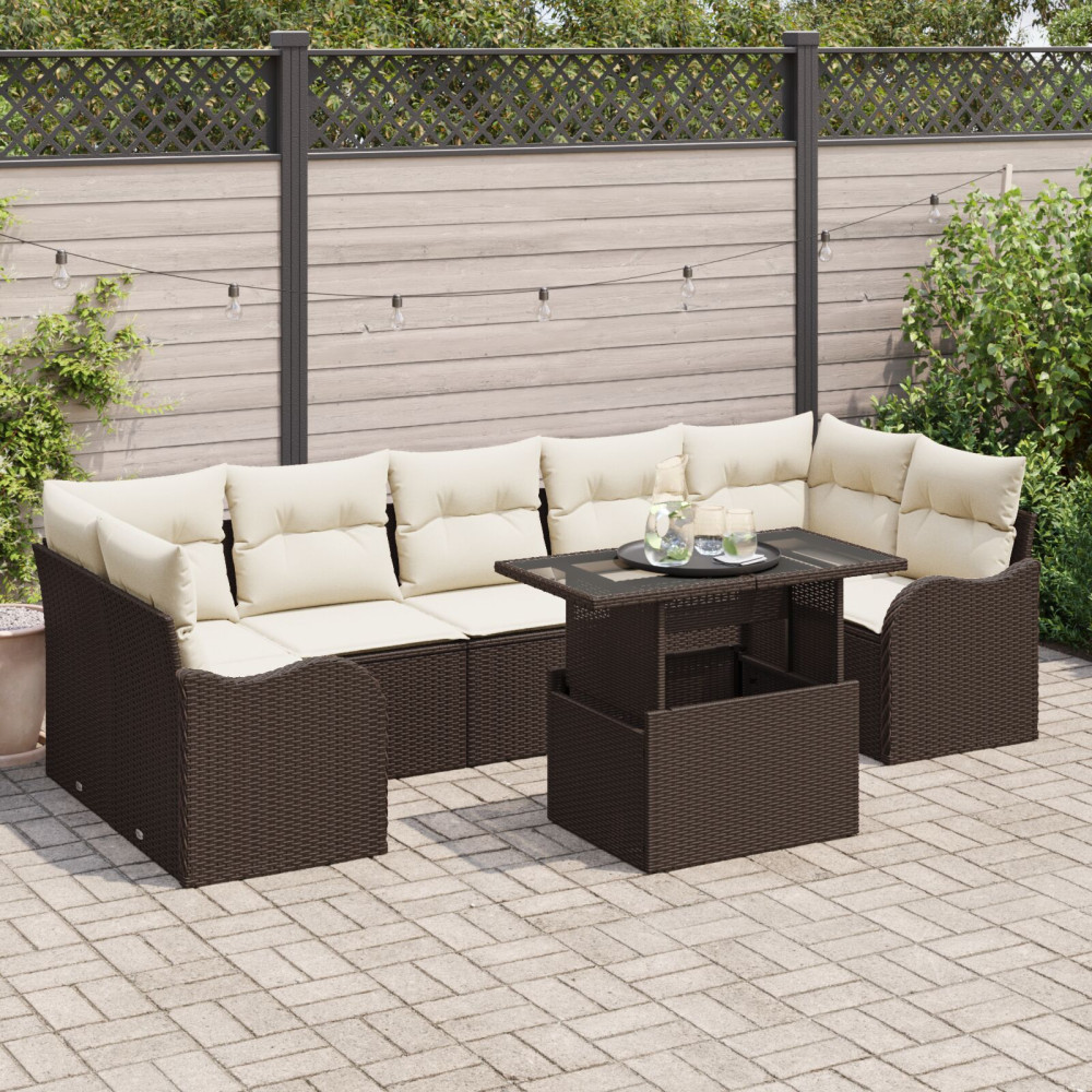 Produktbild för Trädgårdsoffset med kudde med lagring 8 pcs Brun Poly Rattan