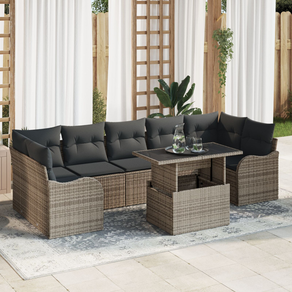 Produktbild för Trädgårdsoffset med kudde med lagring 8 pcs Grå Poly Rattan