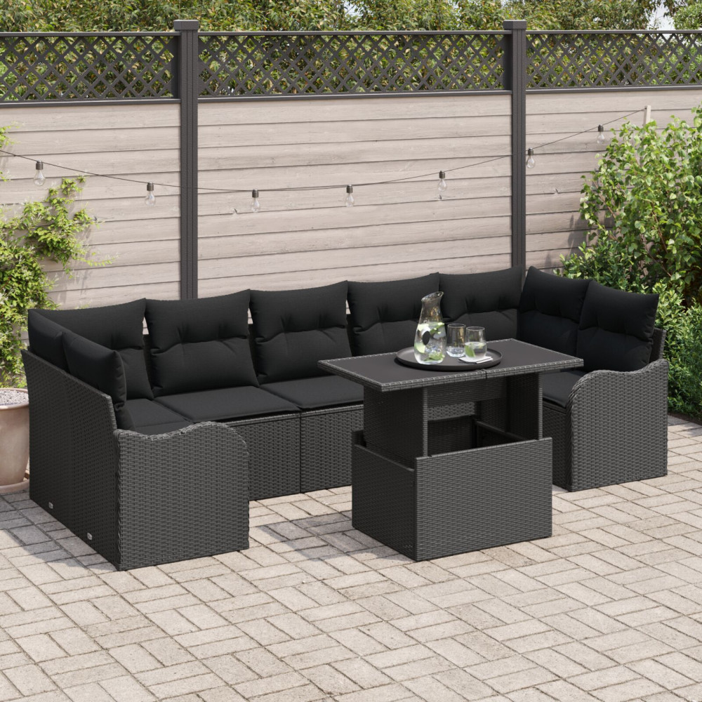 Produktbild för Trädgårdsoffset med kudde med lagring 8 pcs Svart Poly Rattan