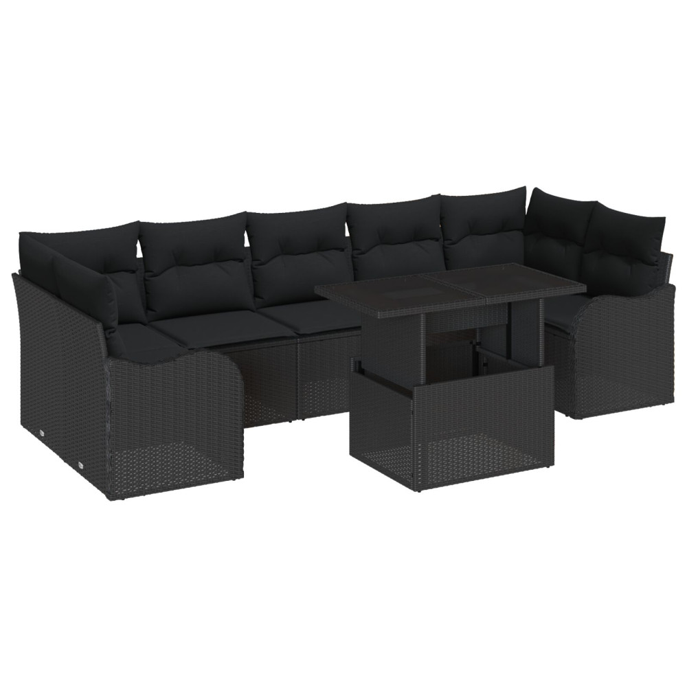 Produktbild för Trädgårdsoffset med kudde med lagring 8 pcs Svart Poly Rattan