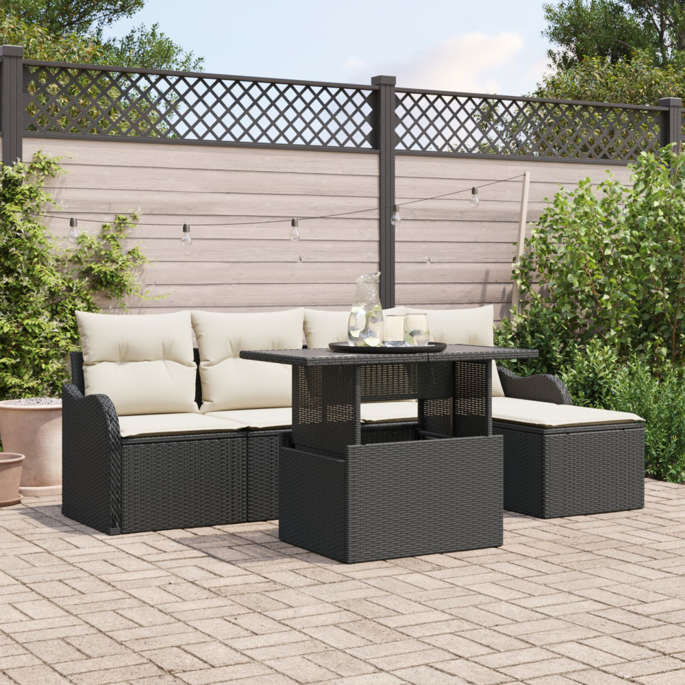 Produktbild för Trädgårdsoffset med kudde 6 pcs Svart Polyrattan