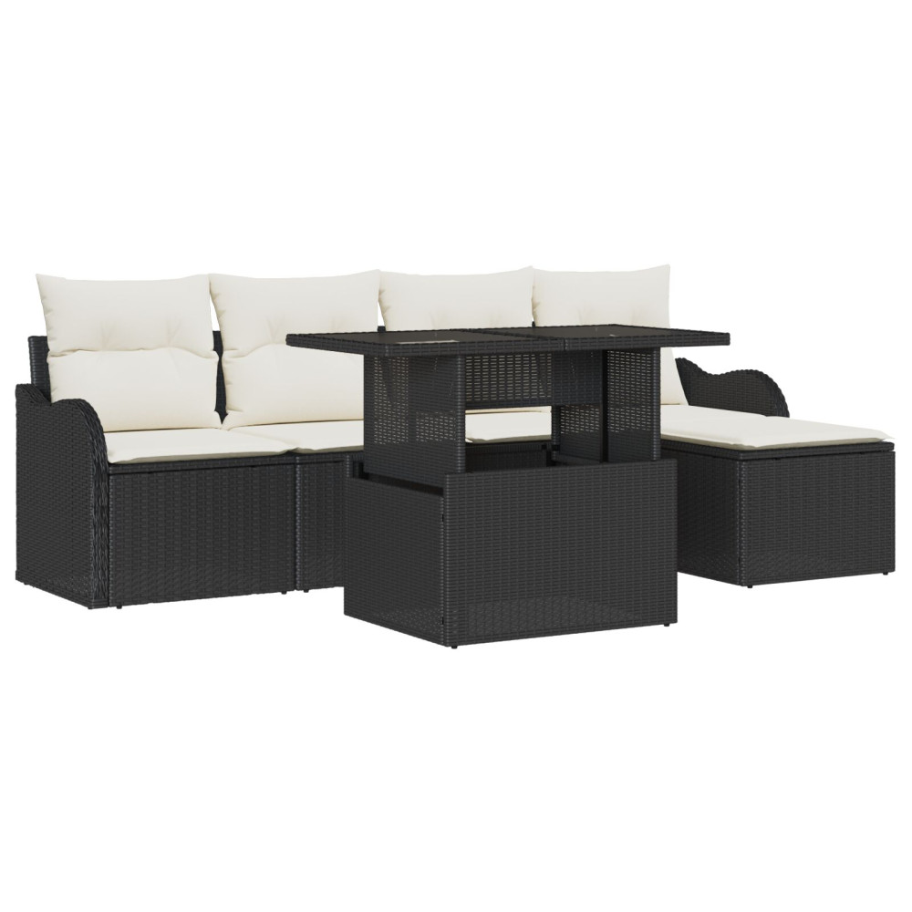 Produktbild för Trädgårdsoffset med kudde 6 pcs Svart Polyrattan