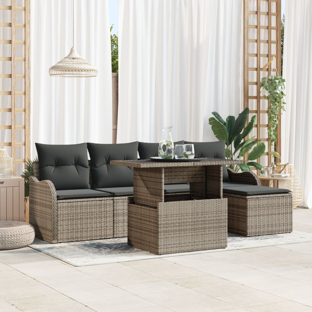 Produktbild för Trädgårdsoffset med kudde 6 pcs Grå Polyrattan
