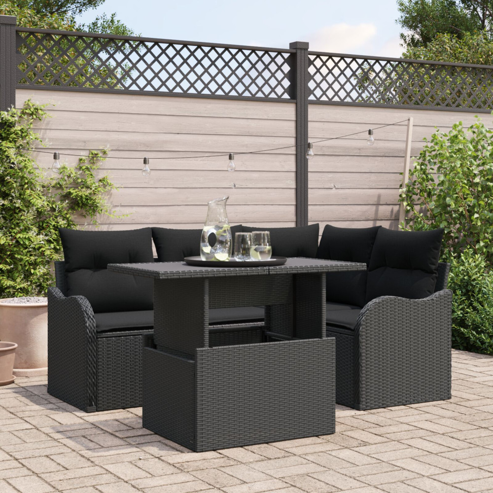Produktbild för Trädgårdsoffset med kudde med kudde 5 pcs Svart Poly Rattan