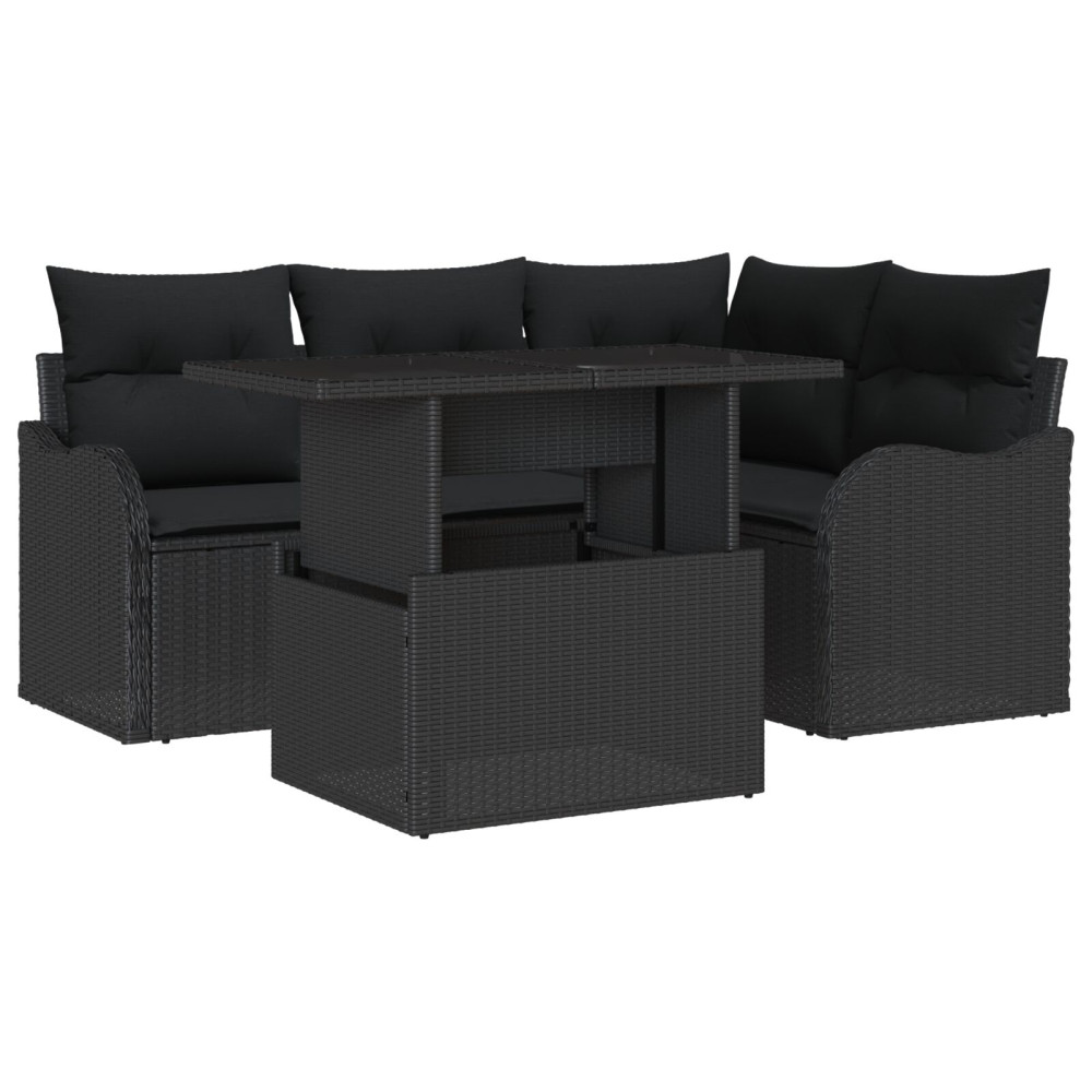 Produktbild för Trädgårdsoffset med kudde med kudde 5 pcs Svart Poly Rattan
