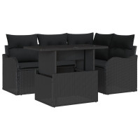 Produktbild för Trädgårdsoffset med kudde med kudde 5 pcs Svart Poly Rattan