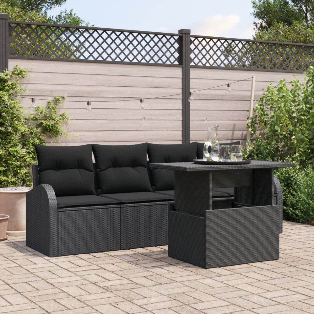 Produktbild för Trädgårdsoffset med kudde med kudde 5 pcs Svart Poly Rattan