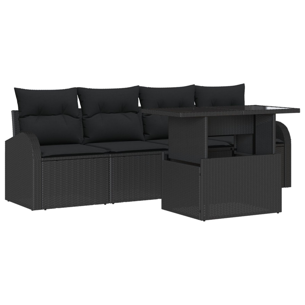 Produktbild för Trädgårdsoffset med kudde med kudde 5 pcs Svart Poly Rattan