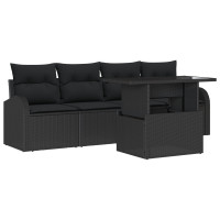 Produktbild för Trädgårdsoffset med kudde med kudde 5 pcs Svart Poly Rattan